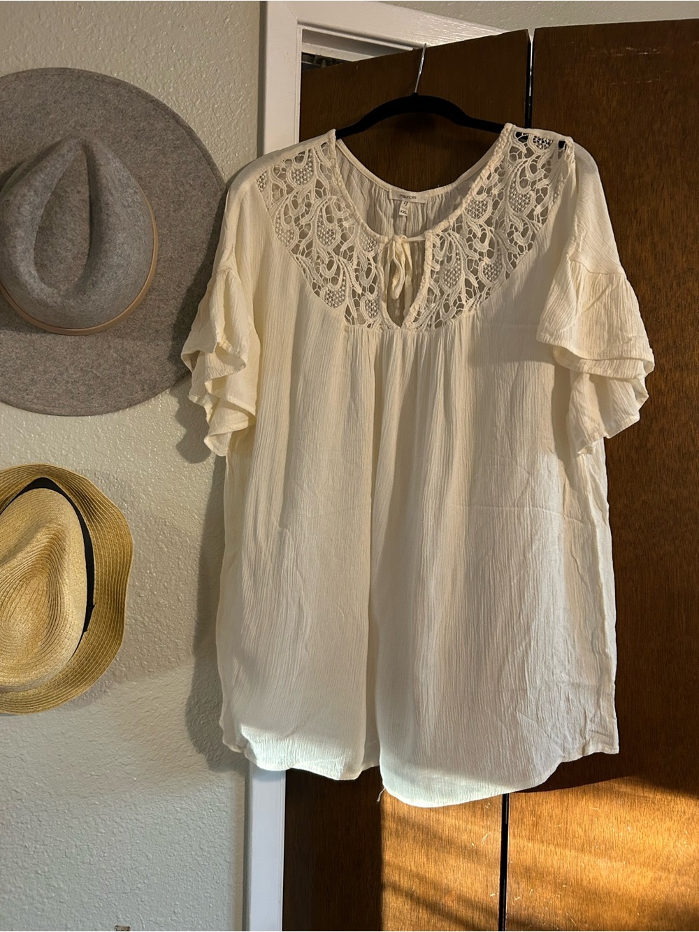Maurices Cream Lace Yoke Ruffled Sleeve Blouse